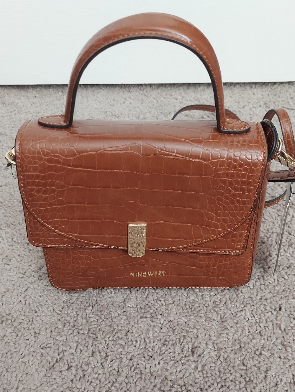 Nine West Croc-Embossed Top Handle Satchel in Cognac Brown